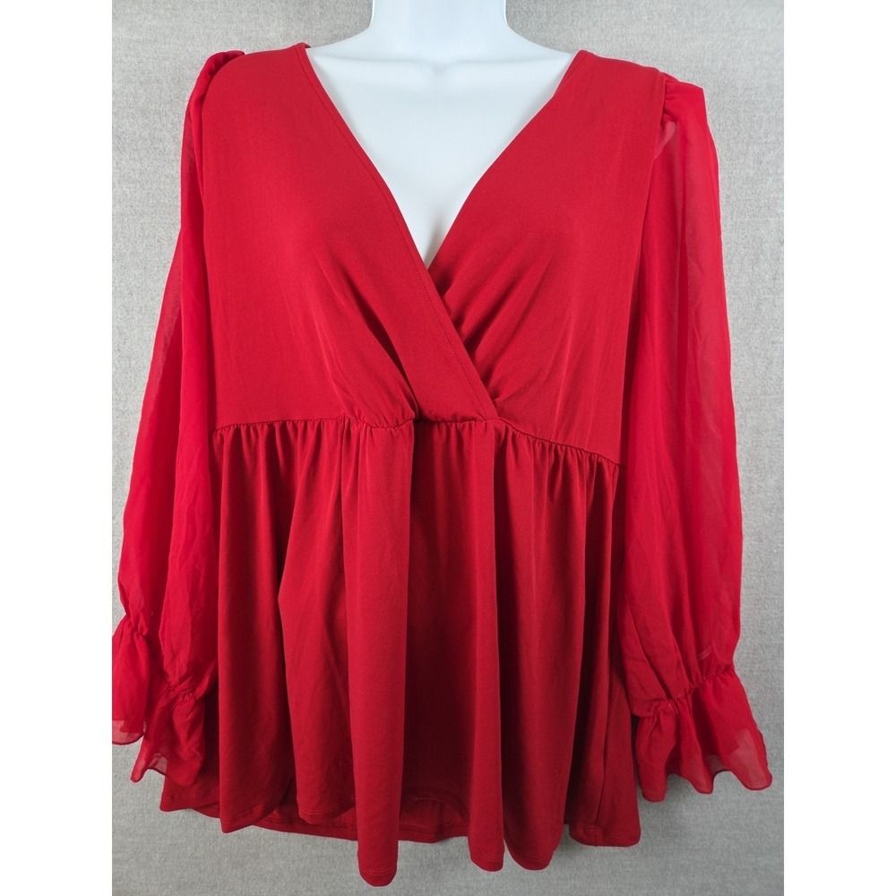 Torrid 2X Blouse Babydoll Red Vamp Sheer Lined Long Sleeve Whimsy Fairy Ruffle